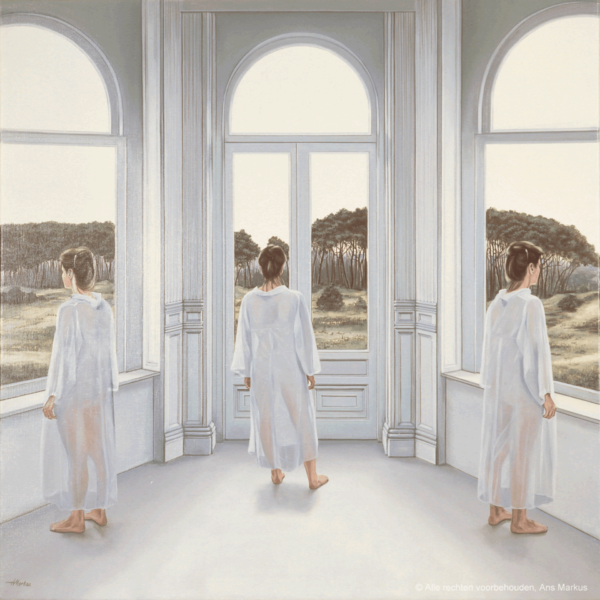 Schilderij 'Adem van de vrijheid' van Ans Markus uit de collectie 'Windsels & maskers', gemaakt in 1985 in de afmeting 100x100.