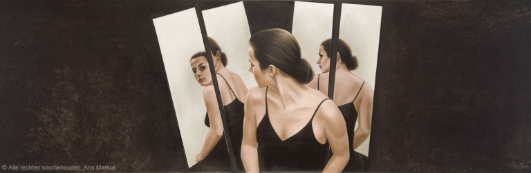 Schilderij 'Bespiegeling' van Ans Markus uit de collectie 'Spiegels', gemaakt in 1991 in de afmeting 70x240.