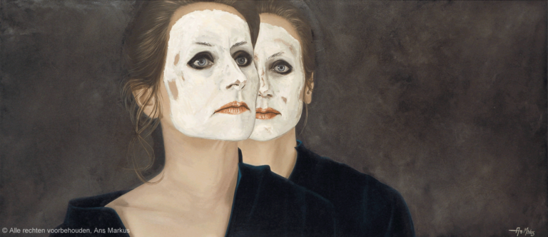 Schilderij 'Maskers' van Ans Markus uit de collectie 'Windsels en maskers', gemaakt in 1992 in de afmeting 80x180.