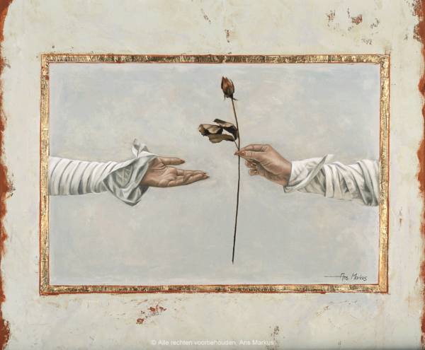 Schilderij 'Het Geschenk' van Ans Markus uit de collectie 'Opdrachten', gemaakt in 1991 in de afmeting 200x100.