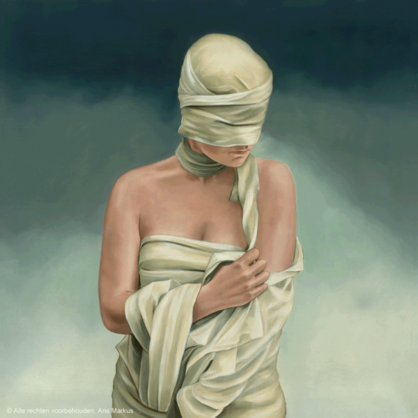 Schilderij 'Wording II' van Ans Markus uit de collectie 'Windsels & maskers', gemaakt in 1985 in de afmeting 80x80.