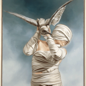 Schilderij 'Vluchtende atalanta' van Ans Markus uit de collectie 'Windsels & maskers', gemaakt in 1985 in de afmeting 100x80.