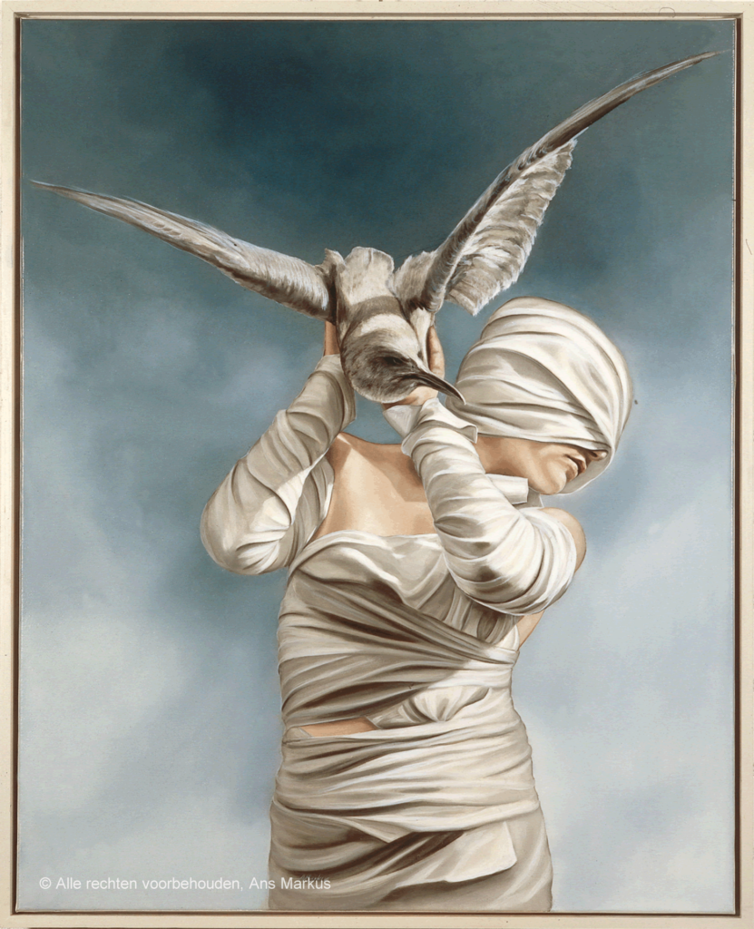 Schilderij 'Vluchtende atalanta' van Ans Markus uit de collectie 'Windsels & maskers', gemaakt in 1985 in de afmeting 100x80.