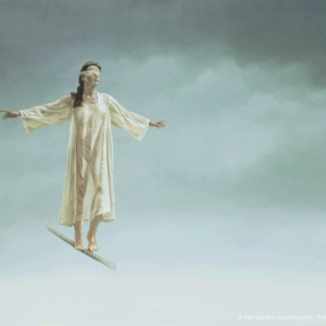 Schilderij 'Koorddanseres' van Ans Markus uit de collectie 'Windsels & maskers', gemaakt in 1981 in de afmeting 120x140.