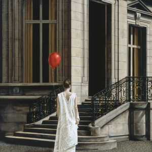 Schilderij 'Rode ballon' van Ans Markus uit de collectie 'Windsels & maskers', gemaakt in 1985 in de afmeting 80x65.